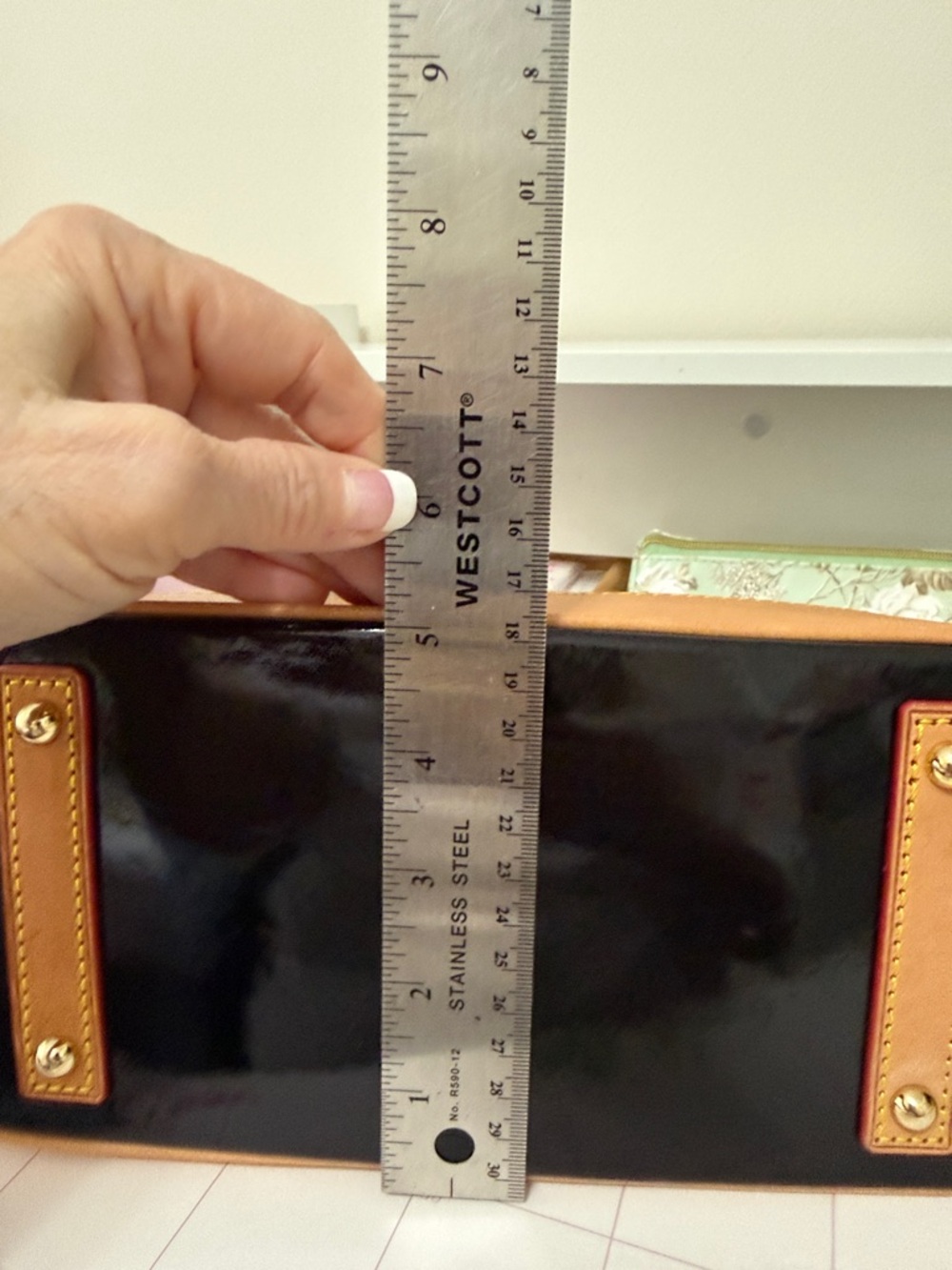 Dooney & Bourke Black Patent Satchel with Tan Trim - Picture 9 of 10